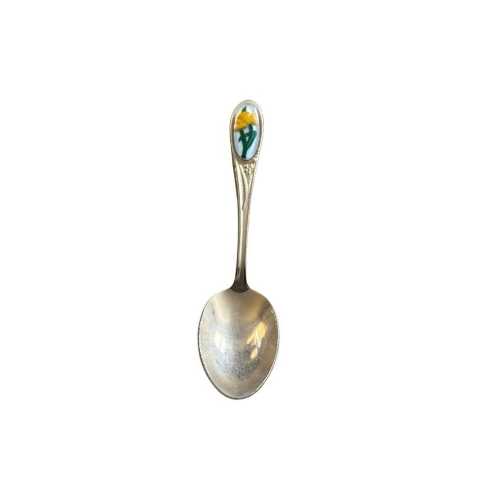 Yellow Flower Enamel Gold Tone Souvenir Spoon